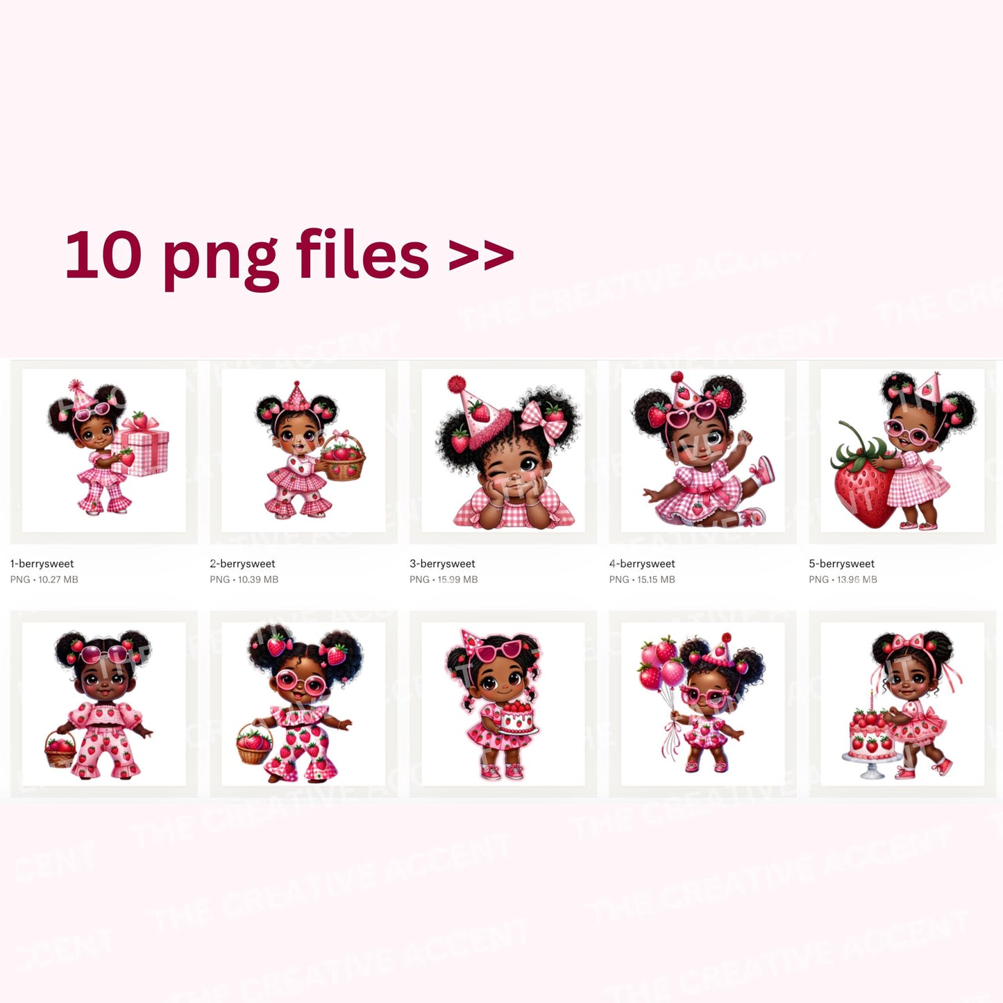 Berry Sweet Birthday Black Girl Clipart, Pink Strawberry, 10 PNG