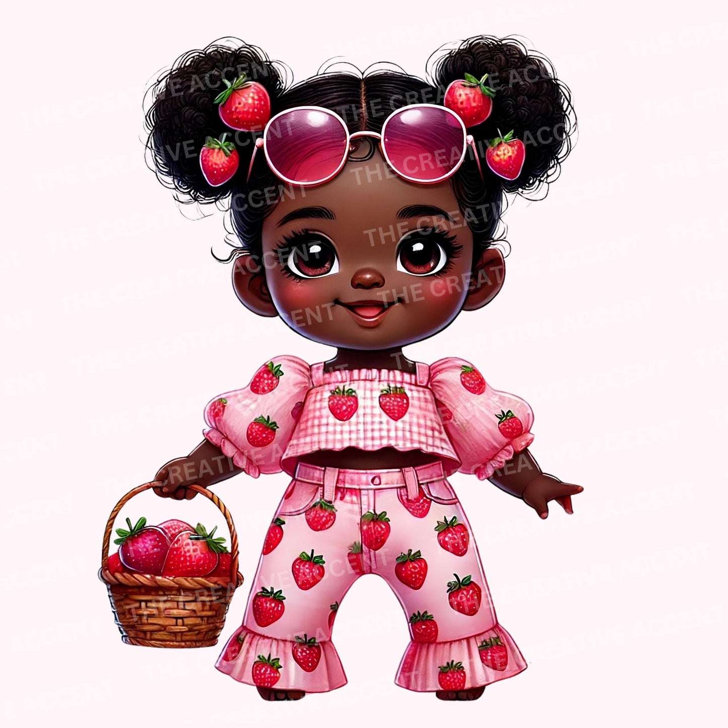 Berry Sweet Birthday Black Girl Clipart, Pink Strawberry, 10 PNG