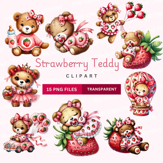 Strawberry Bear Clipart, 15 PNG, Little Girl Cutie Berry Balloon Sweet One, Berries Shortcake Theme, Pink, Red, Cute, Modern Baby Shower