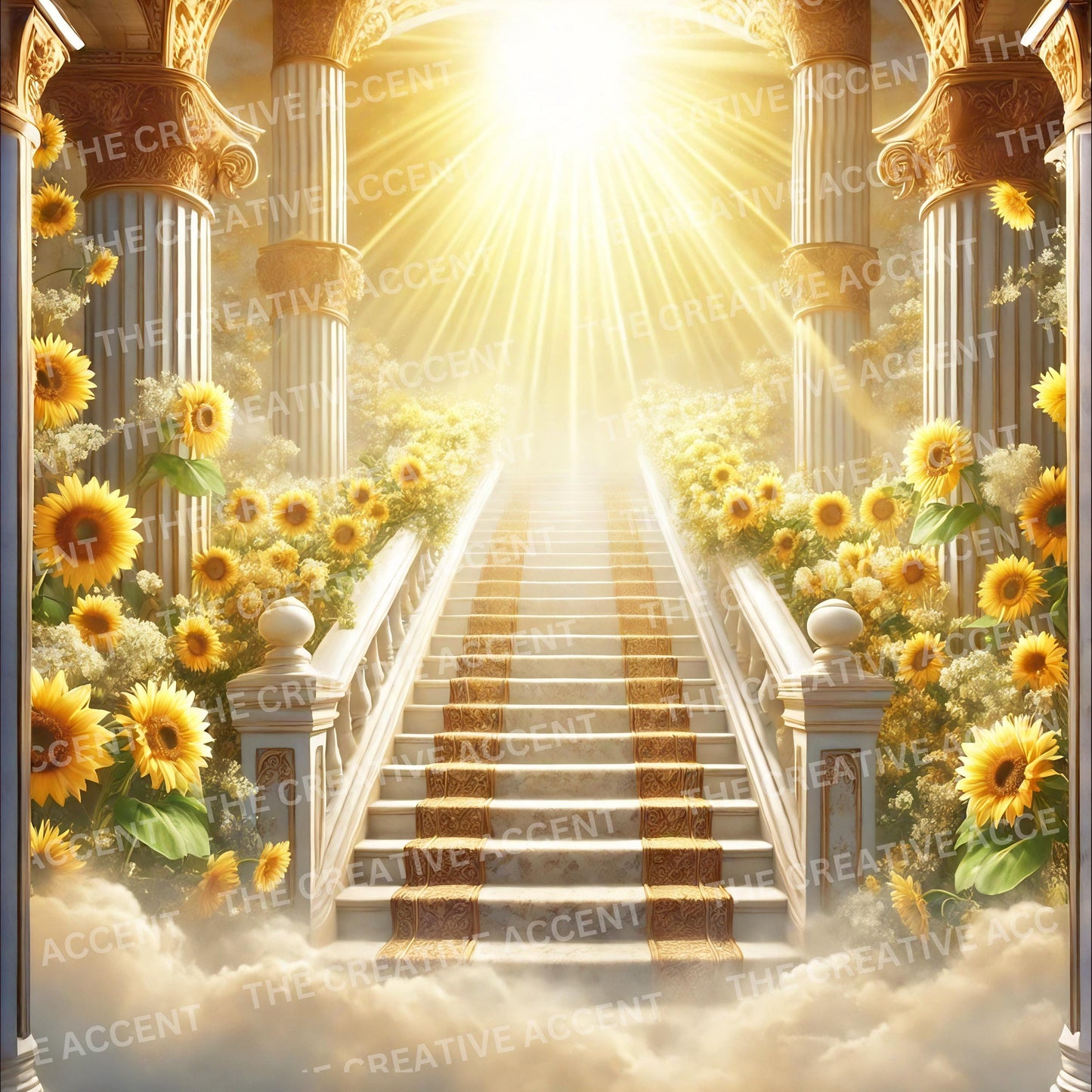 Sunflower Heaven Background, 1 JPEG, Warm Yellow Sun Clouds, Religious Christian White Gold Funeral Flyer, In Memory Of Memorial Service