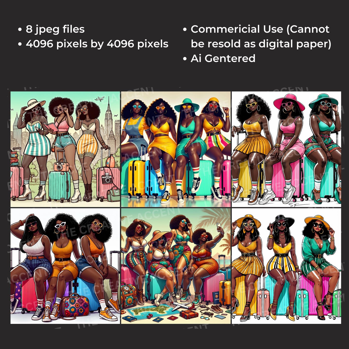 Black Girls Trip Backgrounds, 8 JPEG Files, Woman Travel Bug Digital Paper, Vacation Besties, Curvy Women, Girl, Friends Traveling Suitcase