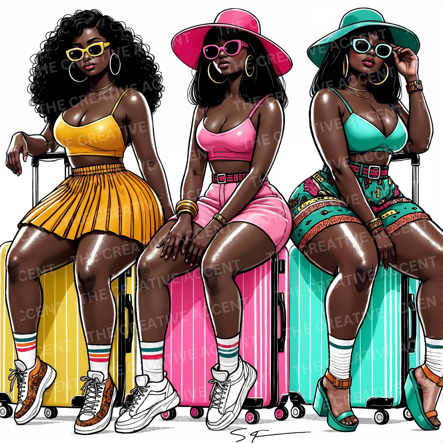 Black Girls Trip Backgrounds, 8 JPEG Files, Woman Travel Bug Digital Paper, Vacation Besties, Curvy Women, Girl, Friends Traveling Suitcase