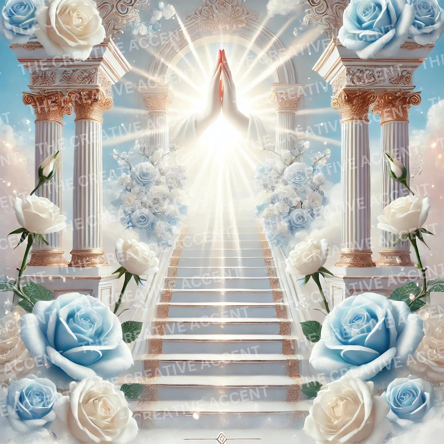 Prayer Heaven Backgrounds, 7 JPEG, Staircase Roses, Sun Clouds, Religious Christian Funeral Flyer Memorial Service Digital Scripture Quotes