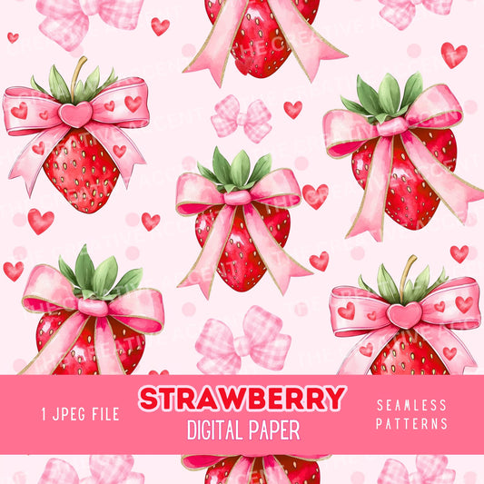 Pink Strawberry Digital Paper Seamless Pattern, 1 JPEG Repeat Background, Watercolor Coquette Valentines Day, Gingham Shortcake Patterns