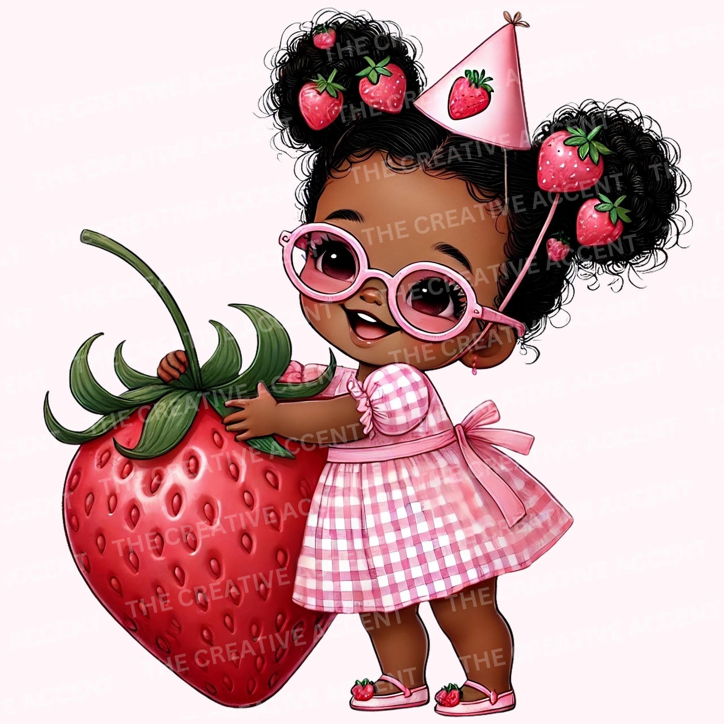 Berry Sweet Birthday Black Girl Clipart, Pink Strawberry, 10 PNG