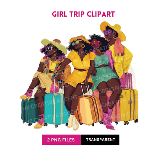 Black Girl Trip Clipart, 2 PNG, Travel Traveling Ladies Curvy Women Friends Group, Cartoon Suitcase, Colorful Modern Vacation Illustration