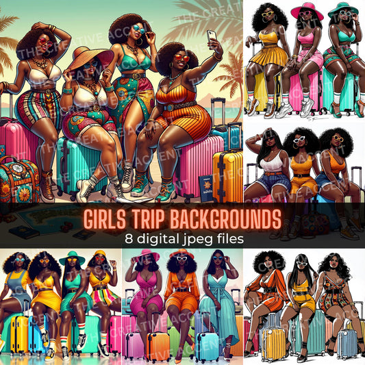 Black Girls Trip Backgrounds, 8 JPEG Files, Woman Travel Bug Digital Paper, Vacation Besties, Curvy Women, Girl, Friends Traveling Suitcase