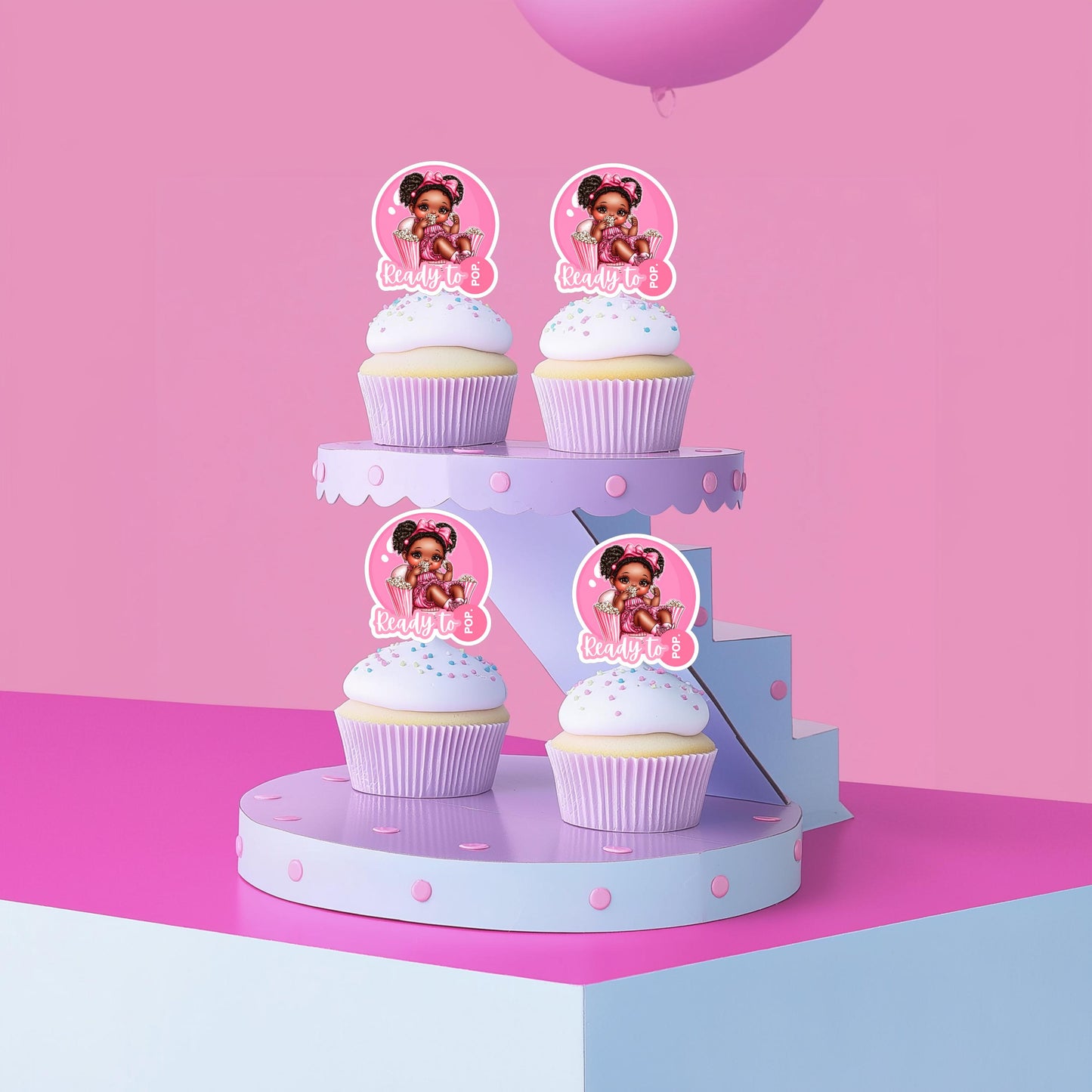 Ready to Pop! Printable Cupcake Toppers for Black Baby Shower, Popcorn, Pink Bubble Gum Favor Cutout