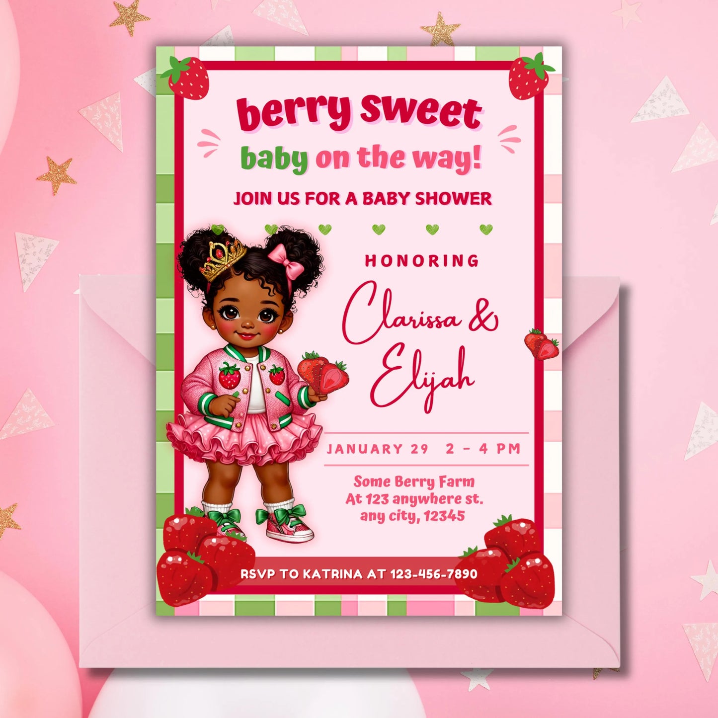 Berry Sweet Baby Shower Canva Template, 5x7 Strawberry Invite Edit, Afro Black Baby Girl Pink Green Editable Invitation, Short Little - CPJ-028