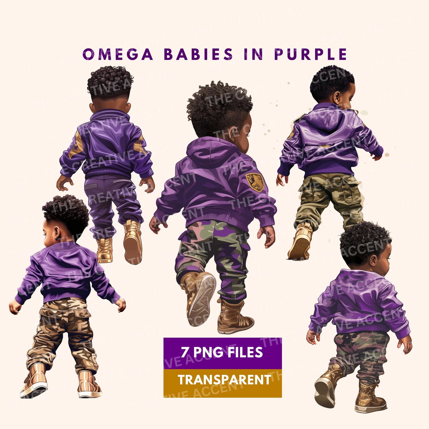Future Omega Baby Clipart, 7 PNG, Little Black Boy Fraternity in Royal Purple and Old Gold
