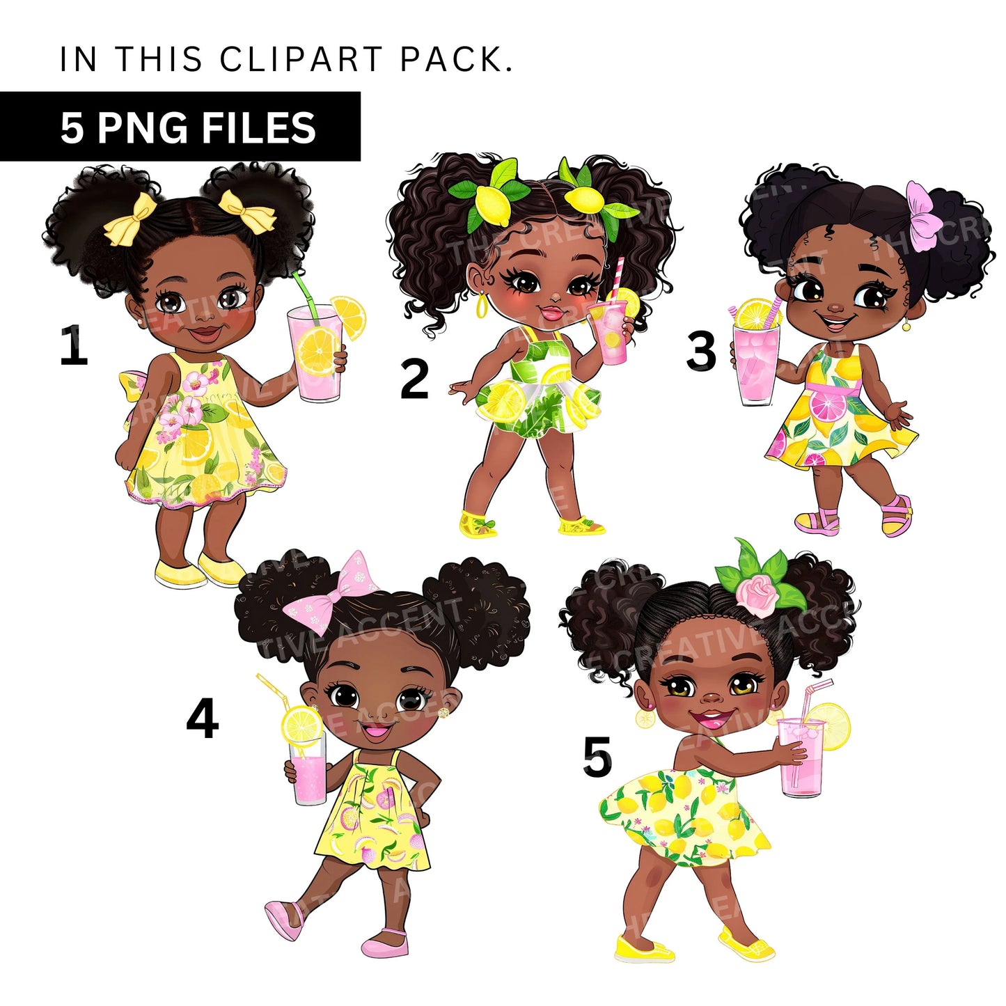 Pink Lemonade Black Baby Girl Clipart, 5 PNG