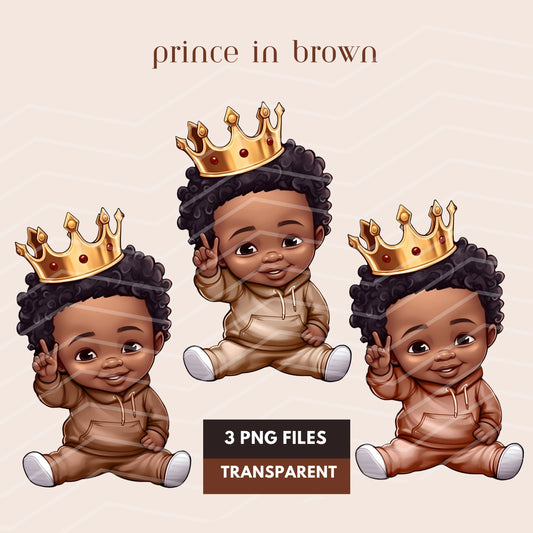 Black Boy Neutral Baby Prince Clipart, 3 PNG, Beige Brown Baby Shower