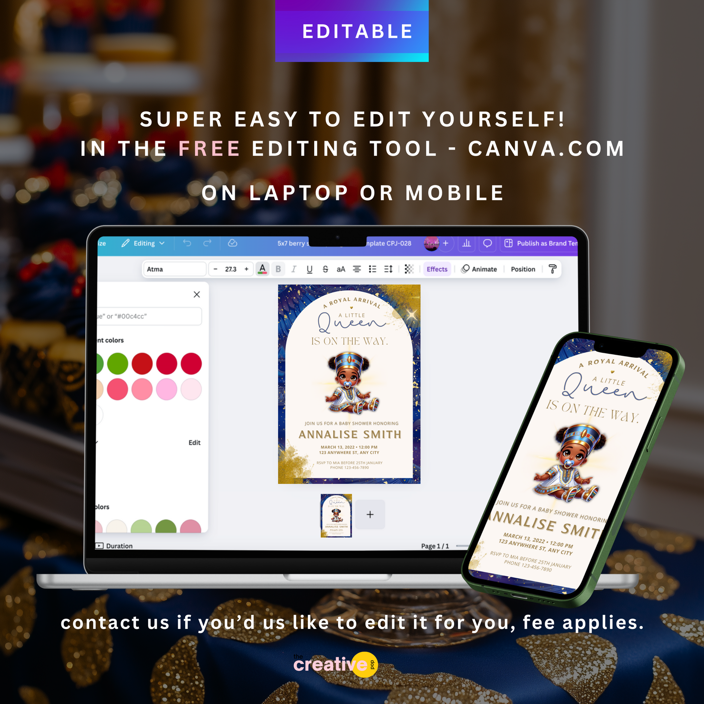 Egyptian Baby shower invite
 , queen nefertiti baby shower editable canva template royal