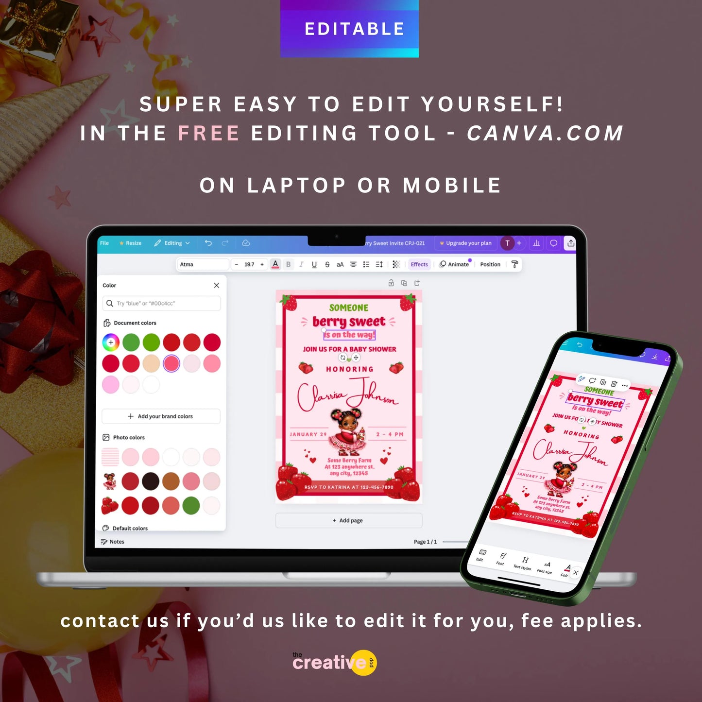 berry sweet baby shower canva template editable download