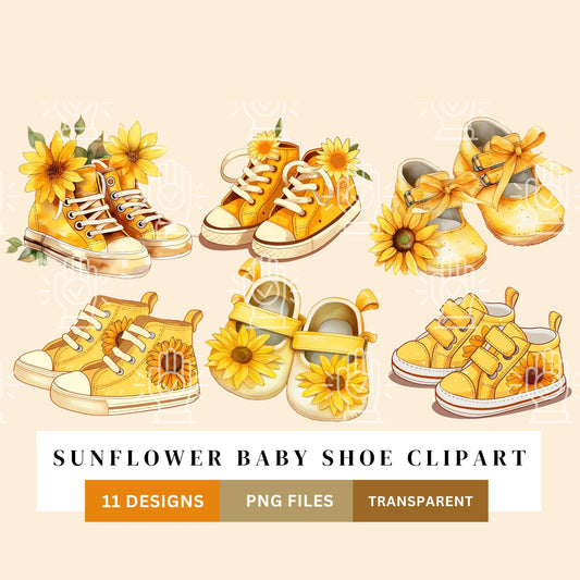 Sunflower Baby Shoes Clipart, 11 PNG, Baby Shower Watercolor Yellow Elements