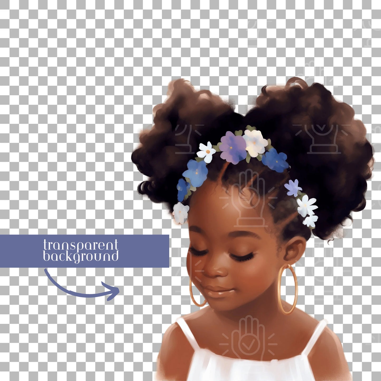 Little Black Girl Watercolor Clipart, 20 PNG bundle, Afro Puffs, Commercial Use