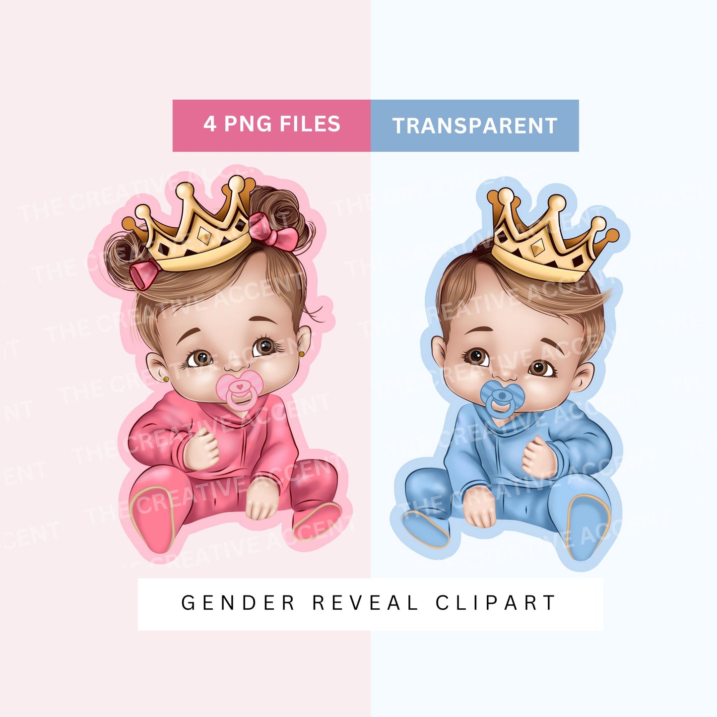 Hispanic White Baby Gender Reveal Clipart, 4 PNG, Fraternal Twins Illustration